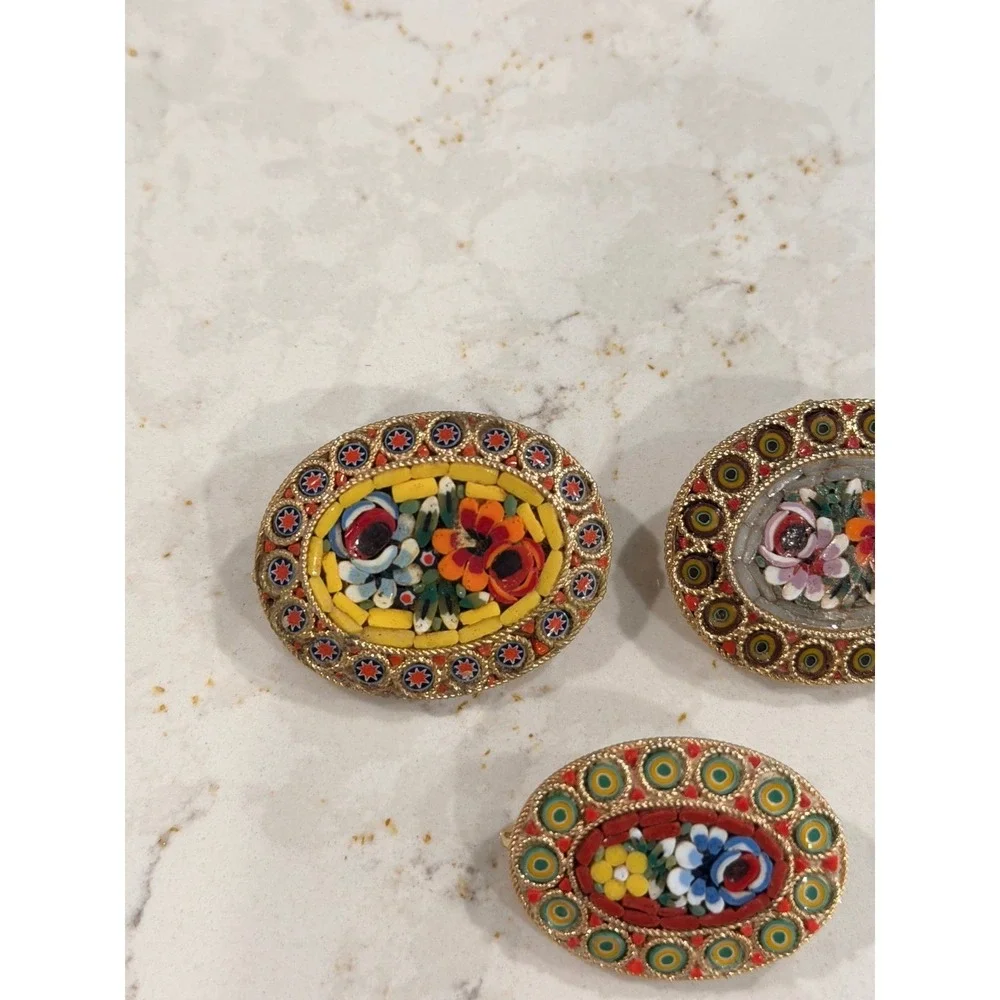 Vintage Italian Micro Mosaic Floral Brooch Pin Set 3pc Millefiori Gold Tone Oval